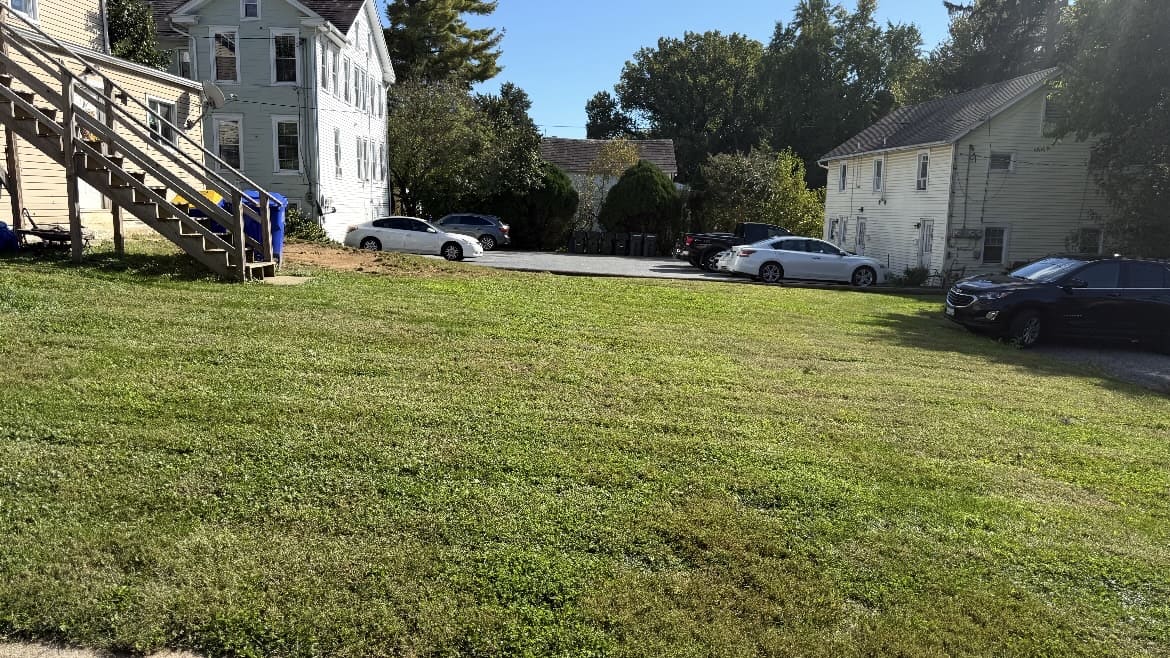 Lawn beside a house, outdoor stairs, and driveway; business gallery photo, location unspecified